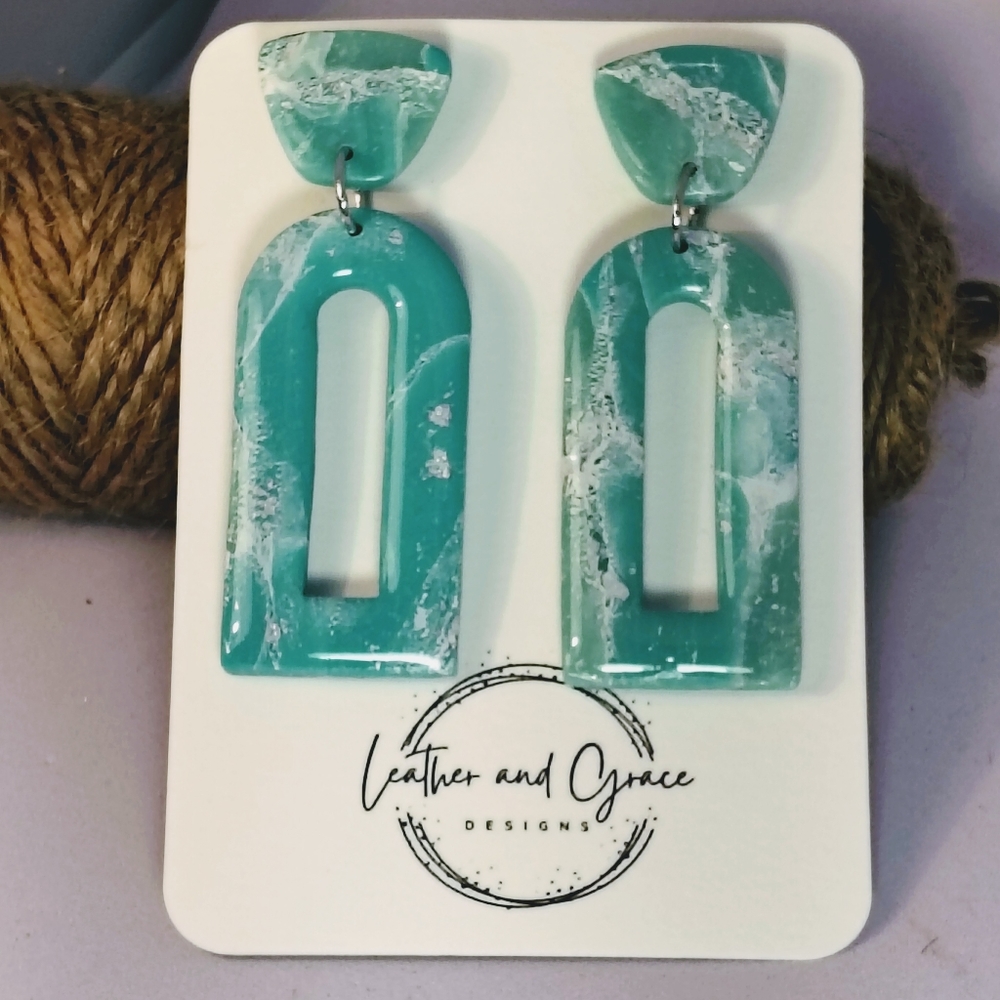 Teal blue and silver foil handmade statement earrings by Leather and Grace